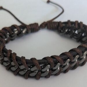 Brown & Black Hematite Braided Bracelet, Adjustable, New, Men's. 9" To 12"